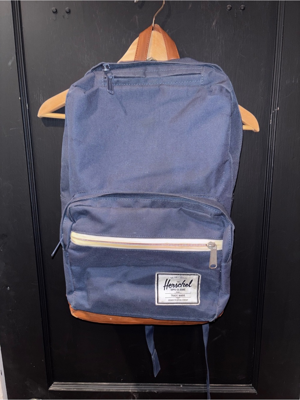 Herschel Navy Blue Canvas Backpack Brown Leather Base Red Stripe Lining OS